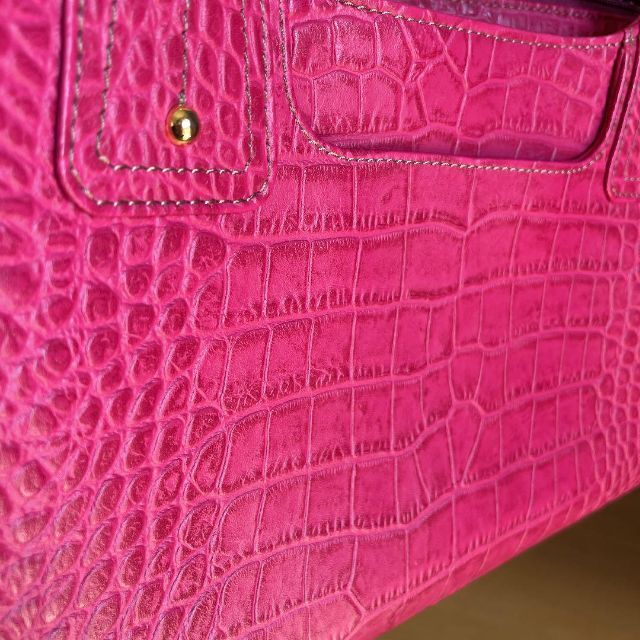 【極美品】濱野皮革工藝　ピンク　ハンドバッグ　クロコ型押し　自立　ゴールド金具