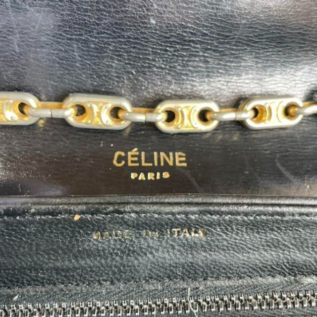 【CELINE】希少ブラゾンチェーン×馬車金具　セミショルダーバッグ　黒　レザー