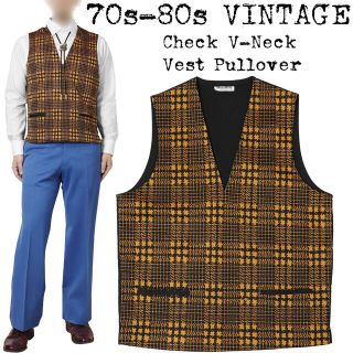 美品★70s-80s VINTAGE★プルオーバー ベスト★チェック★昭和レトロ(ベスト)