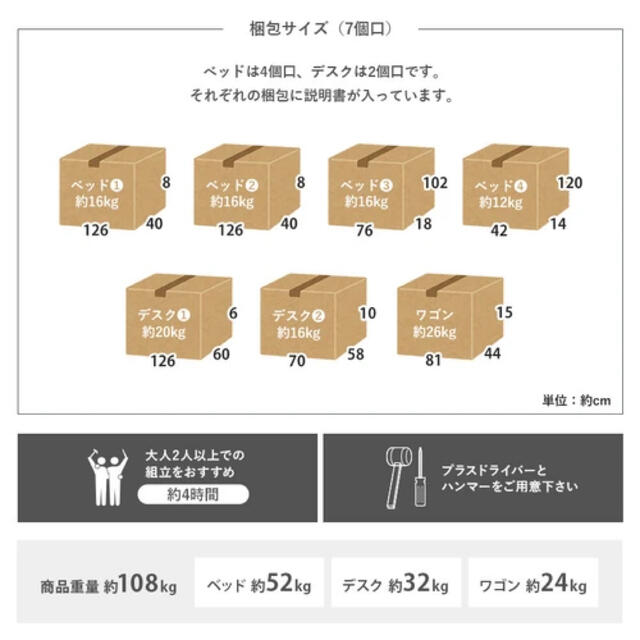 システムベッド テーブル ワゴン セット キャスター 収納 ベッド シンプル インテリア/住まい/日用品のベッド/マットレス(ロフトベッド/システムベッド)の商品写真