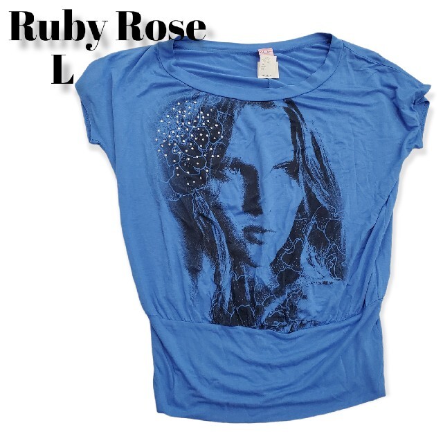 RubyRose(ルビーローズ)の【新品・タグ付】ルビーローズ　カットソー　花ビジュー　L　青系　レディース　服 レディースのトップス(カットソー(半袖/袖なし))の商品写真