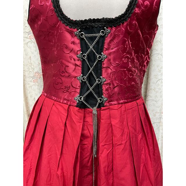 チロルワンピース　民族衣装　ドレス　ワンピース　赤　レッド　個性的　編み上げ レディースのワンピース(ロングワンピース/マキシワンピース)の商品写真