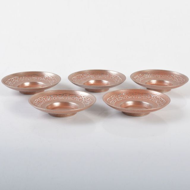 煎茶道具 吉村志扛造 純錫赤漆円式 托子 茶托 五客 共箱 M R4708 煎茶道具 吉村志扛造 純錫赤漆円式 托子 茶托 五客 共箱 M R4708