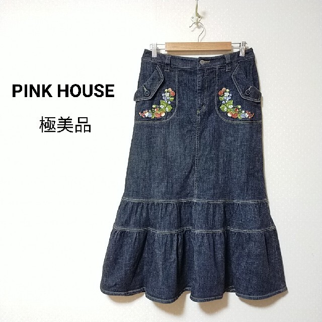 PINK HOUSE(ピンクハウス)の極美品　ピンクハウス　いちご刺繍ティアードデニムスカート　イチゴ　大きいサイズ レディースのスカート(ロングスカート)の商品写真