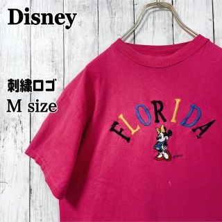 ディズニー(Disney)の刺繍ロゴ MICKEY UNLIMITED ミニーマウス ピンク Mサイズ 古着(Tシャツ/カットソー(半袖/袖なし))