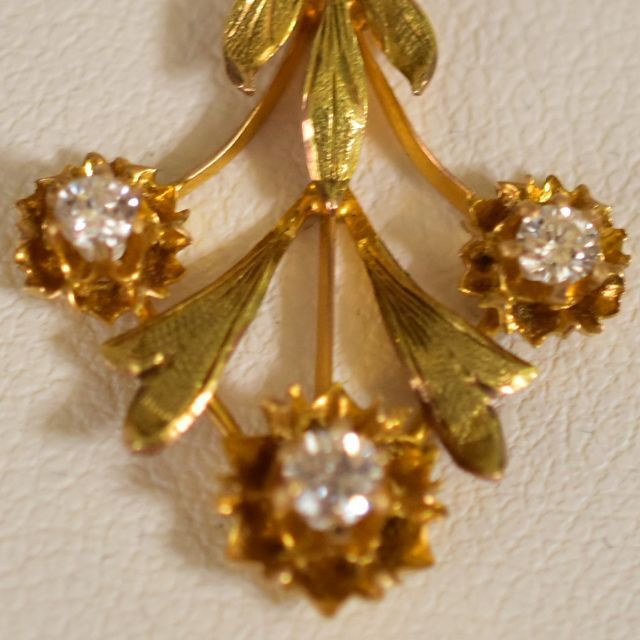 アンティーク K14刻印 天然ダイヤモンド3石と天然真珠のペンダント 