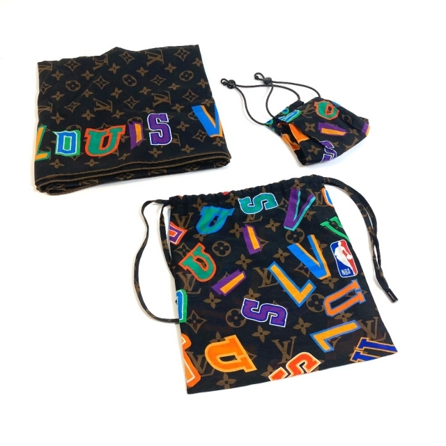 ルイヴィトン LOUIS VUITTON NBA モノグラム レターズ  MP3031 スカーフ マスクカバー ポーチ セット マスク コットン ブラウン 未使用