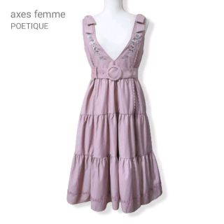 アクシーズファム(axes femme)の美品 axes femme POETIQUE 刺繍肩リボンジャンドレ ピンク M(ひざ丈ワンピース)