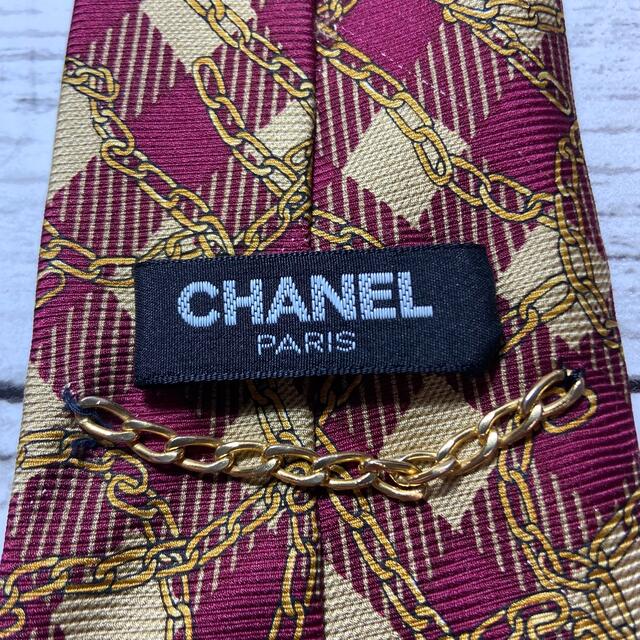 CHANEL シャネル ネクタイ チェーン 総柄 チェック ボルドー 箱付