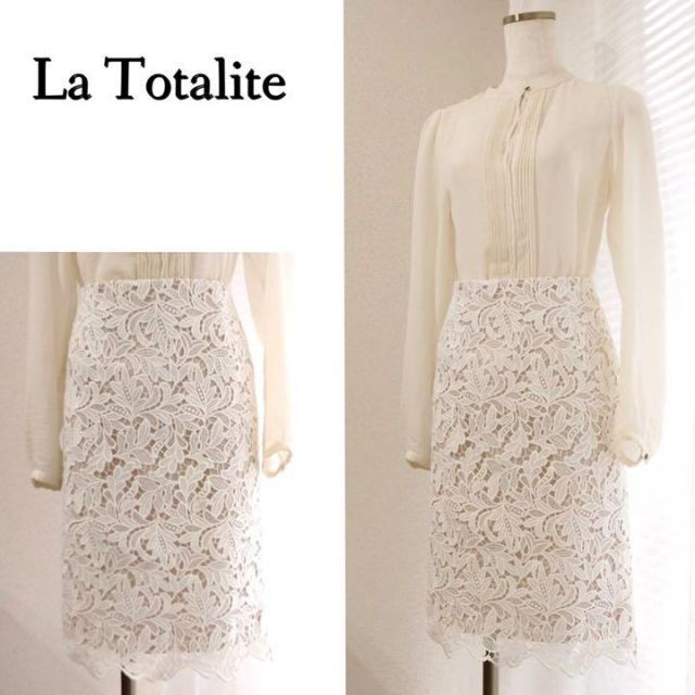 La TOTALITE(ラトータリテ)のリーフモチーフが可愛い♪　レース膝丈タイトスカート　ホワイト　S レディースのスカート(ひざ丈スカート)の商品写真
