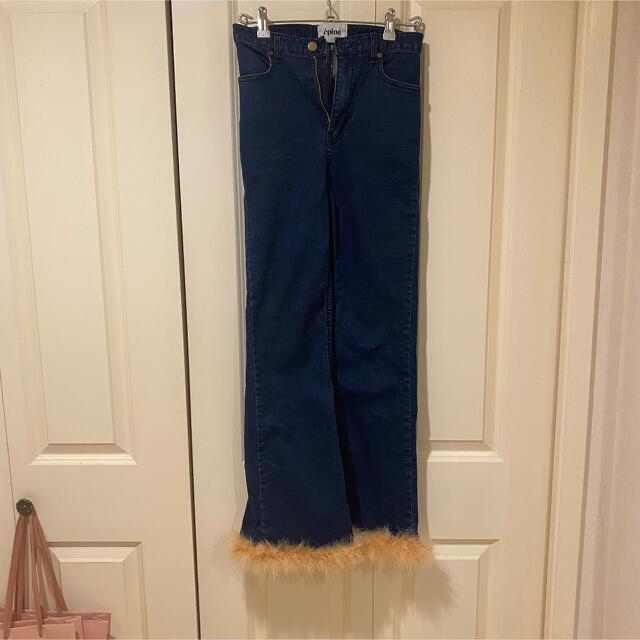 お取り置きbell jeans blue×beige feather fur