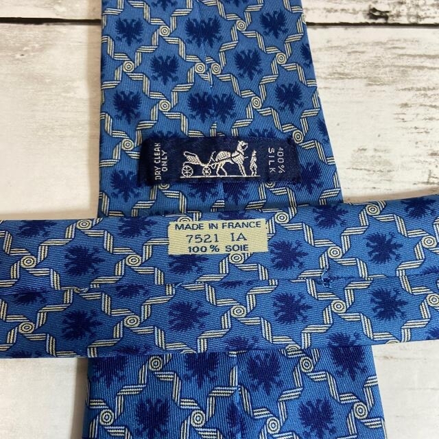 エルメス　HERMES ネクタイ　ブルー　エンブレム　総柄　フランス製　シルク