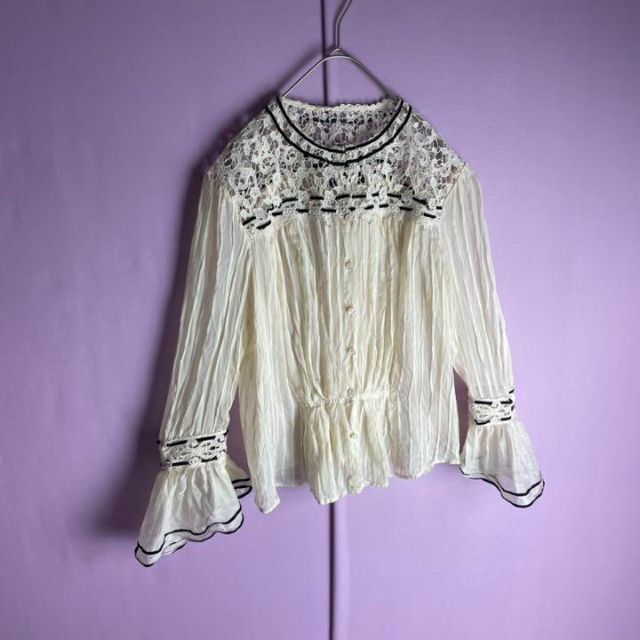 Rideaux en linレース&ピンタック&手刺繍 シルク スモックブラウス