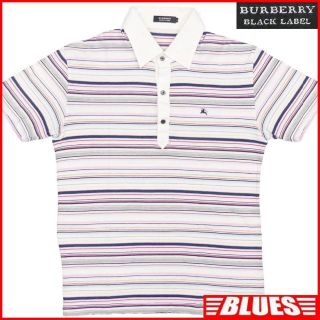 バーバリーブラックレーベル(BURBERRY BLACK LABEL)の日本製 バーバリー 廃盤 ポロシャツ M 白 ボーダー メンズ HN1636(ポロシャツ)