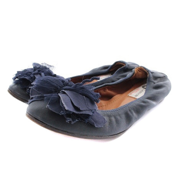 LANVIN(ランバン)のランバン パンプス コサージュ付き バレエシューズ 37 23.5cm 紺 レディースの靴/シューズ(バレエシューズ)の商品写真
