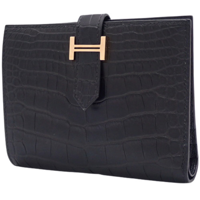 は自分にプチご褒美を Hermes - エルメスコンパクト財布 ベアン コンパクト アリゲーターマット クロコダイル ブラック黒 40601079799 財布