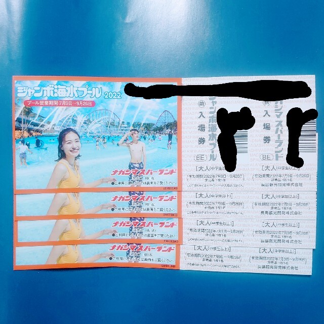 ＠まみさん専用@ナガシマスパーランド　長島　ジャンボ海水プール　入場券　4枚 チケットの施設利用券(プール)の商品写真