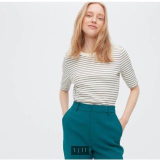 ユニクロ(UNIQLO)のみどさん専用　UNIQLO  リブボーダークルーネックT（5分袖）(Tシャツ(半袖/袖なし))