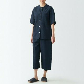 ムジルシリョウヒン(MUJI (無印良品))の■新品■ 無印良品 脇に縫い目のないサッカー織り半袖パジャマ／ダークネイビー／Ｌ(パジャマ)