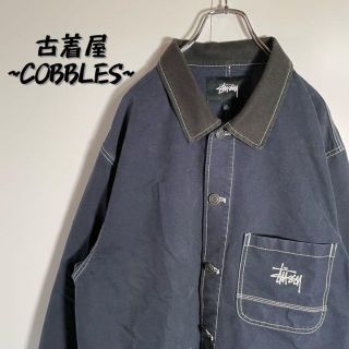 ワンポイント刺繍ロゴ】Stussyカバーオール古着オーバーサイズXLネイビー.-