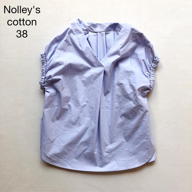 NOLLEY'S(ノーリーズ)の454ノーリーズ涼しげ水色タイプライター袖ギャザースキッパーブラウス38M レディースのトップス(シャツ/ブラウス(半袖/袖なし))の商品写真