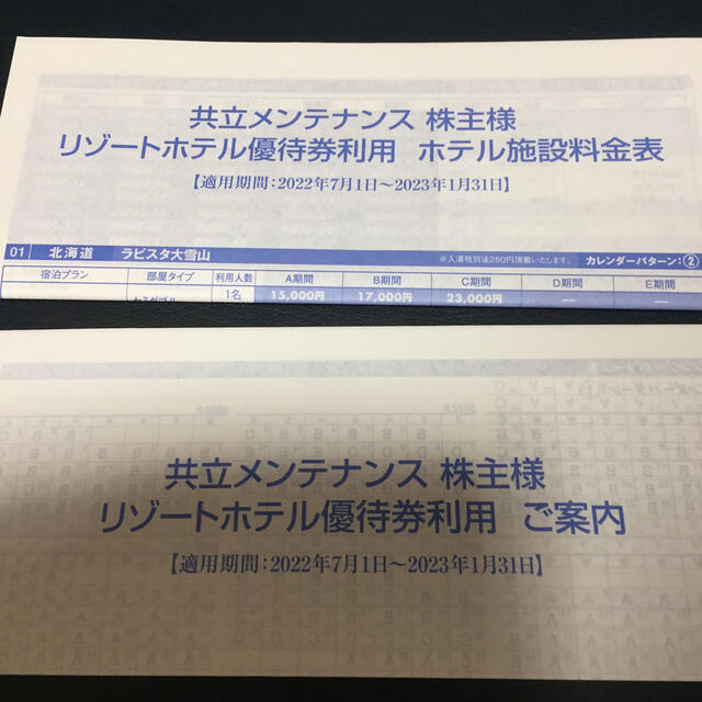 共立メンテナンス株主優待⭐️リゾートホテル優待券2枚 チケットの優待券/割引券(その他)の商品写真