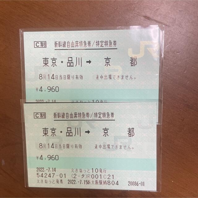 東京=新大阪 新幹線自由席回数券 往復分 6/5迄有効