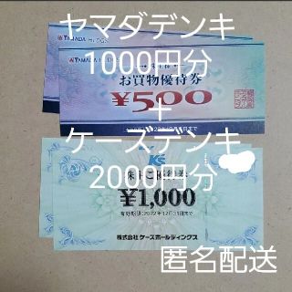 ヤマダデンキ ＋ ケーズデンキ 株主優待 合計3000円分 ヤマダ電機 匿名配送(ショッピング)