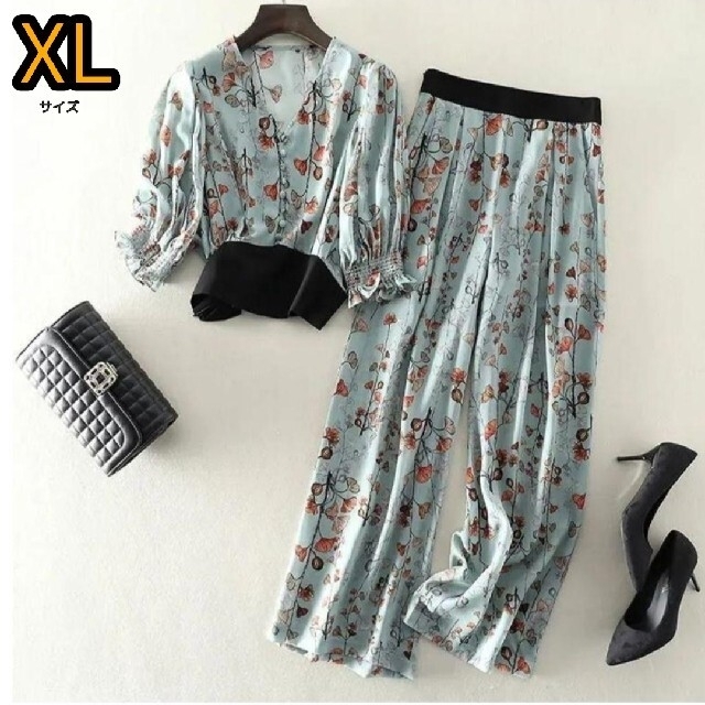 韓国 ファッション2点セット 秋 半袖 シフォン ワイドパンツ XL レディースのフォーマル/ドレス(スーツ)の商品写真