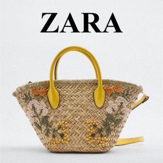 ザラ(ZARA)のZARA ラフィア ミニ トート バッグ フラワー 花 刺繍 エンブロイダリー (かごバッグ/ストローバッグ)