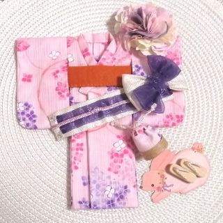 【夢人屋呉服店】ブライス　浴衣　紫陽花　ピンク　下駄&バック付き