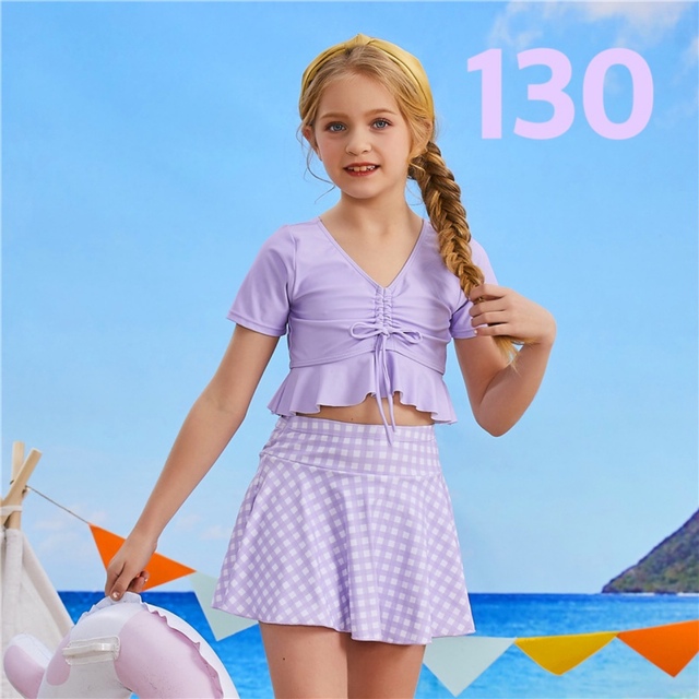 新品 パープル チェック 2ピース セットアップ 水着 女の子  130 キッズ/ベビー/マタニティのキッズ服女の子用(90cm~)(水着)の商品写真