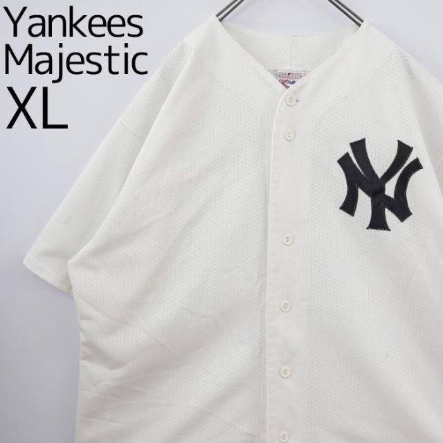 NYヤンキース マジェスティック MLBベースボールシャツ 00s 白メッシュ古着屋fuufuゲームシャツ
