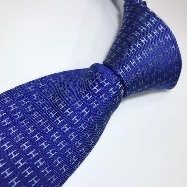 極美品✨エルメス ファソネ H織りタイ 8CM ブルー・セレスト シルクタイ ネクタイ 特別大特価