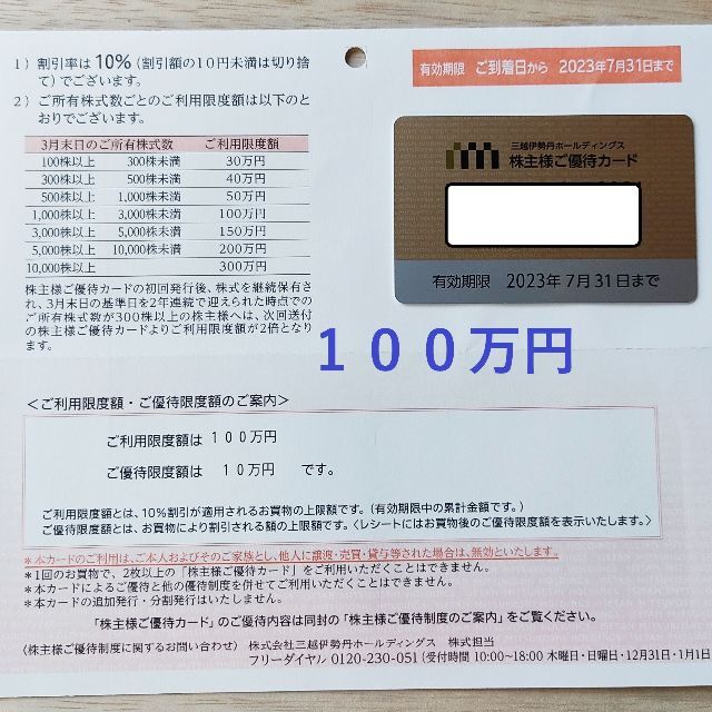三越伊勢丹HD　株主優待カード　限度額１００万円