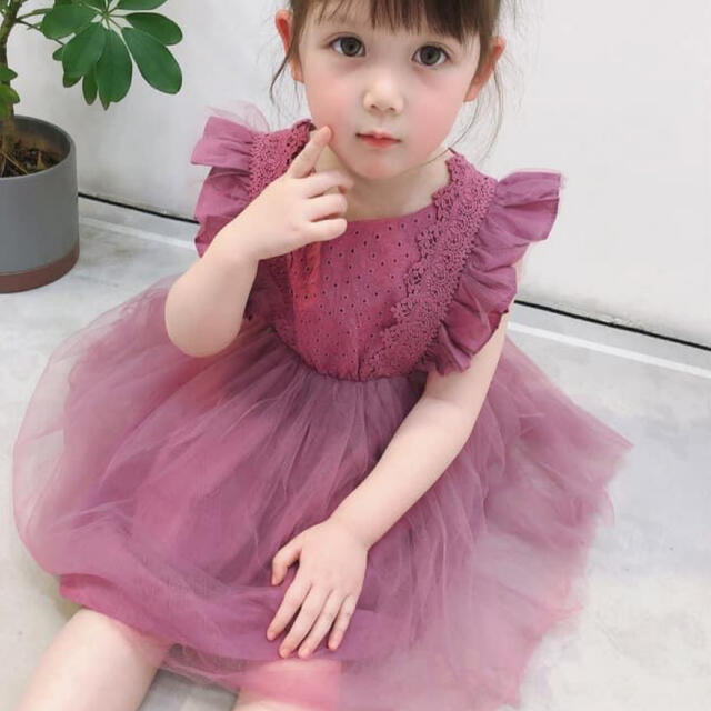 ♡ バックリボン ワンピース ♡ 新品 レース チュール パープル 110 キッズ/ベビー/マタニティのキッズ服女の子用(90cm~)(ワンピース)の商品写真