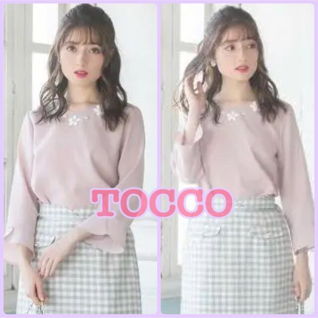 tocco(トッコ)の【美品】tocco 3Dフラワーモチーフ付き後ろレースブラウス　７部丈　ピンク レディースのトップス(シャツ/ブラウス(長袖/七分))の商品写真