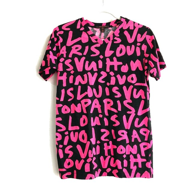 ルイヴィトン LOUIS VUITTON Vネック グラフィティ アパレル 半袖Ｔシャツ コットン ブラック×ピンク