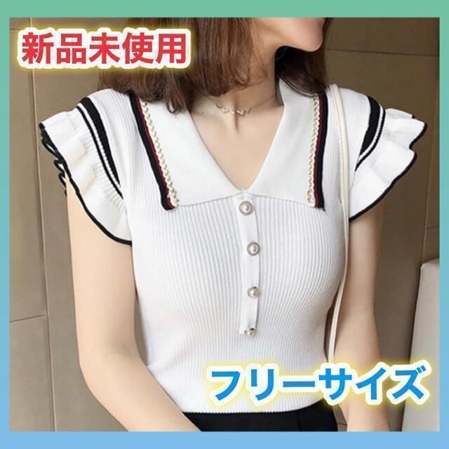 しまむら(シマムラ)の新品未使用　袖なし　ノースリーブ　フリル　トップス　レディース　夏服　春服 レディースのトップス(カットソー(半袖/袖なし))の商品写真