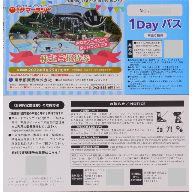 東京サマーランド 株主優待 株主ご招待券 1Dayパス 4枚 プレミアム