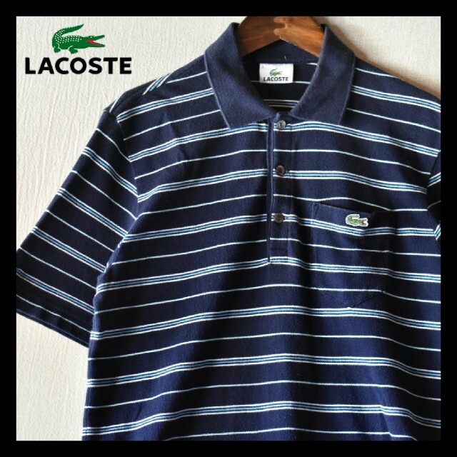 ★LACOSTE ラコステ ボーダー柄 ワニ刺繍ロゴ 半袖ポロシャツ 紺青3