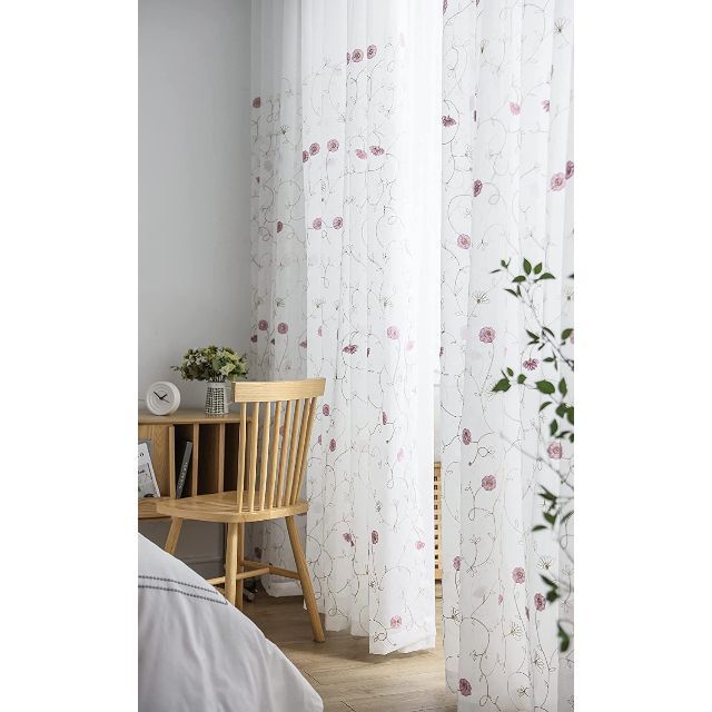刺繍 レースカーテン（2枚組）幅100cm×丈223cm 花柄 ピンク