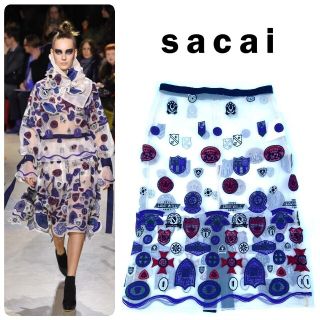 サカイ(sacai)の16AW サカイ 最高級ワッペン装飾ポリエステルオーガンジーハイウエストスカート(ひざ丈スカート)