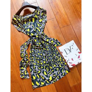 ダイアンフォンファステンバーグ(DIANE von FURSTENBERG)の美品ダイアンフォンファステンバーグ　ワンピース　ヒョウ柄　イエローブラック　2(ひざ丈ワンピース)