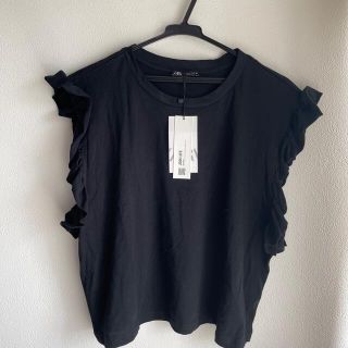 ザラ(ZARA)のZARAブラック 新品未使用❣️ZARAフリルトップス❣️Lサイズ(Tシャツ(半袖/袖なし))