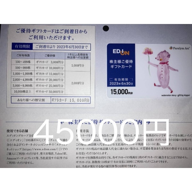 2023/6/30迄 エディオン 株主優待 ギフトカード45000円分