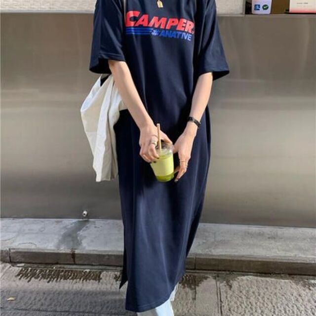 ワンピース チュニック Tシャツ ロング丈 ネイビー