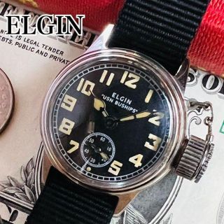 エルジン(ELGIN)のOH済【動作良好】 エルジン アンティーク ミリタリー ブラック 手巻き 腕時計(腕時計(アナログ))