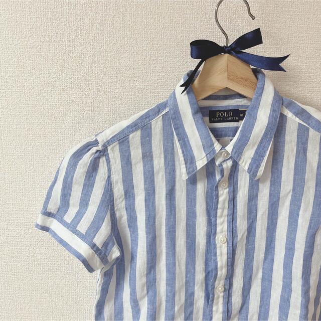 POLO RALPH LAUREN(ポロラルフローレン)のラルフローレン　ストライプ半袖リネンシャツ　アイスブルー レディースのトップス(シャツ/ブラウス(半袖/袖なし))の商品写真