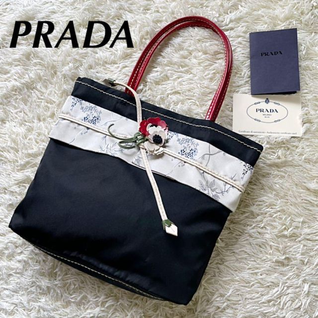 【PRADA】KIMONO BAG 和柄　ロゴ刺繍　花柄　ナイロン 黒　カード